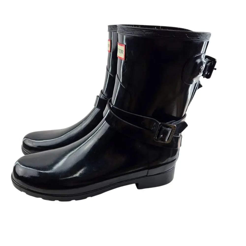 Hunter Rain Boots Women 7 Original Refined Short Gloss Black Mid Calf Adjustable